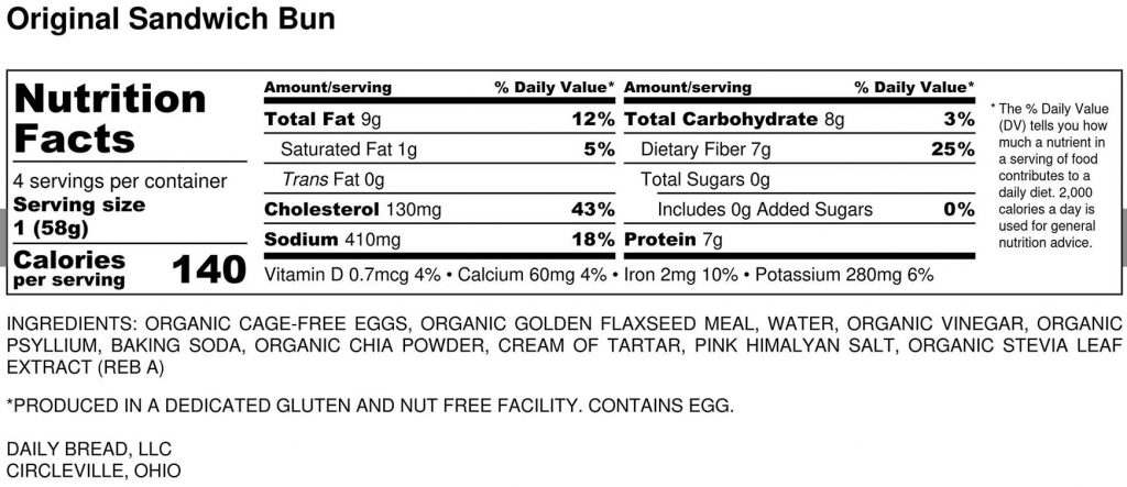 Omega Bun Nutrition Label